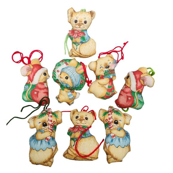 Lot 8 Vintage Fabric Stuffy Ornaments Mouse Mice Candy Cane - Picture 1 of 6